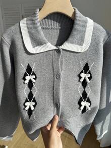 Genkimix Kids 少女菱形花纹蝴蝶结装饰长袖单排扣针织开衫，秋季