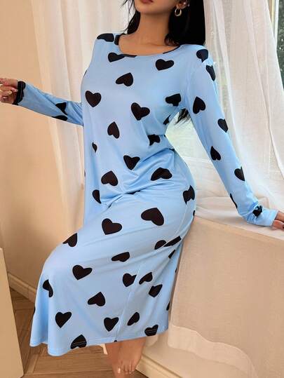 SHEIN 女士休闲爱心印花圆领长袖T恤睡衣，秋冬季舒适优雅细节