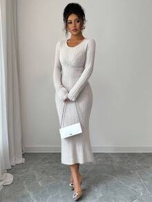 Elenzga 女式奶油色上衣秋季独立日音乐会教师街头风格复古斯德哥尔摩别致办公室工作服，优雅休闲长袖针织毛衣裙，适合外出、约会、职业装 - 奶油色 - 查看 6