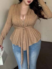 Flirla Plus Size Women V-Neck Gathered Waist Cinched Waist Khaki Bodycon T-Shirt With Asymmetric Hem, Fall Top, Autumn/Winter