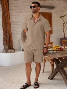 ResortEase Plus Size Men's Casual Textured Solid Color Short Sleeve Shirt And Shorts Set, Summer, Cozy Outfits - Rusty Rose - View 6
