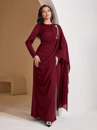 Veilorie Women's Elegant Rhinestone Decor Asymmetrical Sleeve Ruched Waist Arabic Style Dress