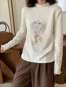 FRIFUL Damska koszulka z nadrukiem w minimalistycznym stylu, z marszczonym kołnierzykiem i długim rękawem, sweter z haftem, z długim rękawem, z kwiatowym nadrukiem i grafiką, sweter typu Cottagecore