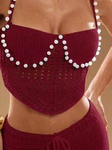 SHEIN BAE 2 Peças Conjunto de Top e Shorts Elegante com Decoração de Pérola Vazada, Verão no Outono/Inverno - Vinho - Visão 7