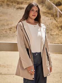 SHEIN VCAY Chaqueta casual, versátil y holgada con capucha y cordón en la cintura, dunicolordo, para otoño e invierno, para mujeres de talla grande - Caqui - Ver 5