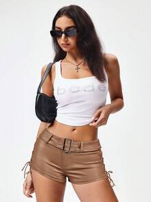 SHEIN Unity Women's Solid Color PU Leather Side Eyelet Lace-Up Skinny Fashionable Shorts - Brown - View 6