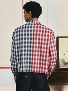 Mainfolk 男士梭织格子拼接休闲长袖衬衫，适合秋季 - 彩色 - 查看 2
