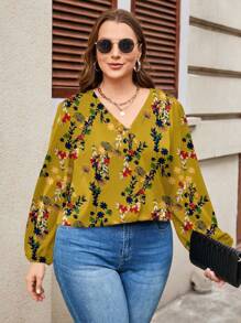 EMERY ROSE Blouse ample à manches longues, col V, imprimé floral, grande taille, style élégant et décontracté, convient pour l'automne et l'hiver - Jaune moutarde - Voir 3