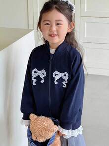 Genkimix Kids 女童休闲时尚运动插肩袖宽松蕾丝蝴蝶结刺绣贴花蕾丝边甜美时尚夹克外套 - 藏蓝色 - 查看 5