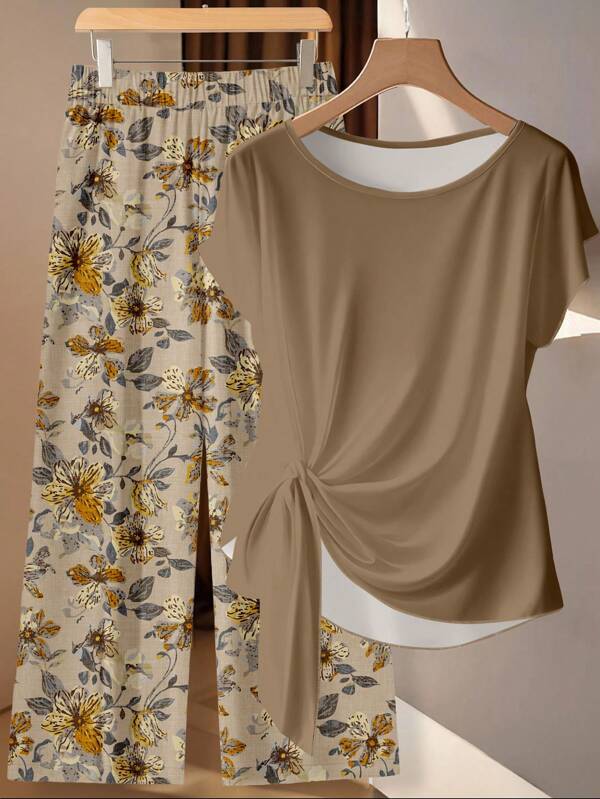 SHEIN Clasi Conjunto de 2 piezas de talla grande con estampado floral casual, adecuado para verano, atuendos de maestra para mujeres, pantalones florales adecuados para salir, conjunto de dos piezas floral, conjunto de dos piezas de mujer de manga corta con tonos terrosos, conjunto de dos piezas modesto de mujer para verano