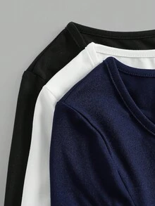 SHEIN Girlism Teen Girls' Solid Color Round Neck Knit Snug Fit Long Sleeve All-Match Casual Versatile T-Shirt Multipack Fall Winter