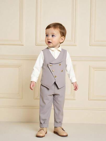 SHEIN 2-delars set, ljusgrått ärmlös linne med byxor, dubbelknäppt metalldesign, enkel modekostym, lämplig för sommarkläder, mjuk och bekväm, lämplig för formella tillfällen som födelsedagsfester, kvällsevenemang, bröllop, dop och årsdagar. Lämplig för pojkars sommarkläder, babykläder, barnkläder. Tillbaka till skolan-säsongen