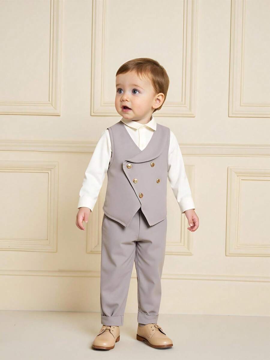 SHEIN 两件套，浅灰色无袖背心搭配长裤，金属双排扣设计，基础款时尚套装，适合夏季穿着，柔软舒适，适合生日派对、晚宴、婚礼、洗礼和周年纪念等正式场合。适合男童夏季穿着、婴儿男童服装、儿童男童服装。开学季必备 - 灰色 - 查看 1