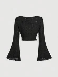 SHEIN MOD Áo khoác cardigan buộc dây cổ chữ V tay chuông ngắn retro dành cho nữ màu đen - màu đen - Xem 2