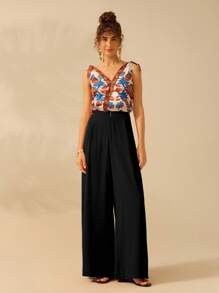 CAJUNI 女士宽松阔腿休闲裤，海滩度假夏季长裤 - 黑色 - 查看 8