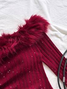 Soleia 女士假日锚图案红色亮片纹理针织露脐上衣，不对称下摆，适合圣诞节、万圣节、派对、约会、情人节、性感显瘦、狂欢节、复活节、西部风情、邮轮旅行、假日、下午茶、海滩、海岛度假、城市旅行、婚礼季、音乐节、波西米亚风度假等场合。 - 酒紅色 - 查看 4