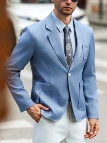 Manfinity Bizformal 男士商务休闲通勤西装外套，多口袋设计，单排扣夹克，男士纯色上衣，单排扣夹克，推荐送给男朋友、丈夫的礼物 浅蓝色西装男士 男士休闲西装男士浅蓝色运动外套男士夏季西装 婚礼西装男士浅蓝色西装男士灰蓝色西装男士运动外套男士运动夹克 男士灰蓝色西装 - 藍色 - 查看 3