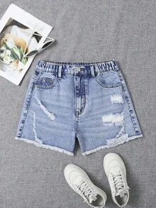 Pantaloncini di jeans casual e comodi da donna, in stile preppy e all'aperto, con vita elastica, chiusura con chiusura lampo e design vissuto - Blu lavato medio - Visualizzare 1