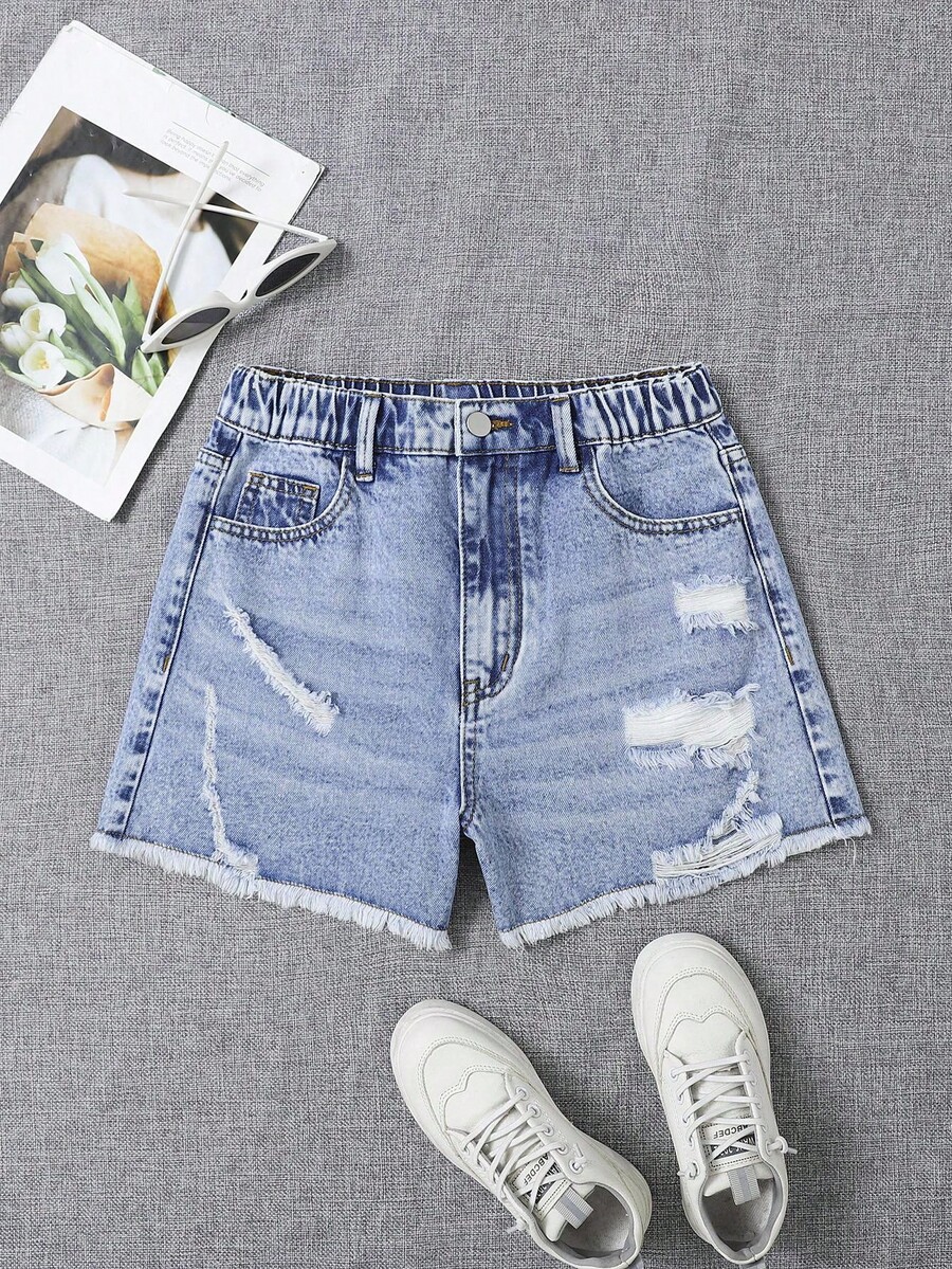 Pantaloncini di jeans casual e comodi da donna, in stile preppy e all'aperto, con vita elastica, chiusura con chiusura lampo e design vissuto - Blu lavato medio - Visualizzare 1