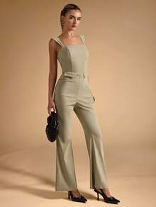 SHEIN BAE Mono de mujer casual de unicolor y elegante con vuelo - Verde - Ver 1