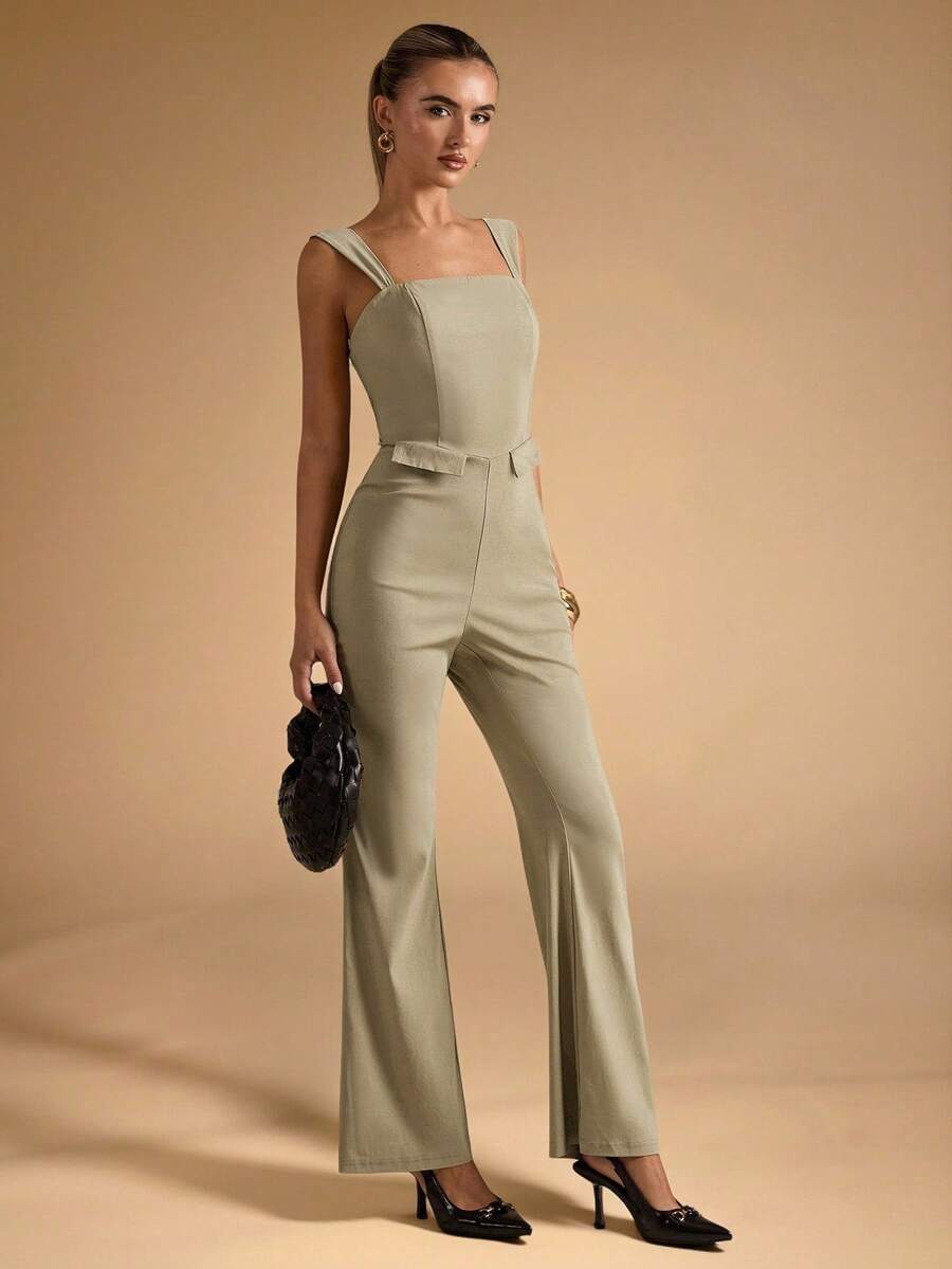 SHEIN BAE Mono de mujer casual de unicolor y elegante con vuelo - Verde - Ver 1