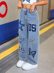 Y2K 秋季少女休闲高腰星形印花+白色手绘蝴蝶字母印花宽松直筒牛仔裤，休闲街头风运动秋季运动风，酷女孩日常穿搭，秋季返校季冬季 - 淺色水洗藍 - 查看 4