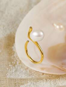 Opalesca 18k 金珍珠可调节戒指，适合女士/女孩，秋季/秋季/冬季，节日，假日，假期，旧钱，万圣节 - 金黃色 - 查看 2
