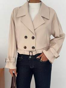 SHEIN EZwear Women's Casual Versatile Solid Color Double-Breasted Trench Coat Outwear, Back To School,Fall - Khaki - View 1