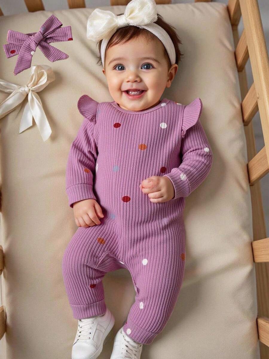SHEIN Enterizo de punto cómodo con mangas acampanadas y estampado de lunares de colores para bebé recién nacido - Morado - View 1