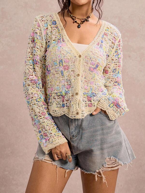 Freevana Plus Size Casual Vacation Front Button Shell Trim Cardigan Crochet Cardigan Women Boho Crochet Cardigan Long Sleeve Tops Going Out Tops For Women Plus Size Fall Clothes Winter Clothes For Women Autumn Clothing For Women Business Casual For Women Work Outfits For Women Teacher Outfits For Women Women's Winter Sweater Office Outfits For Women,Suitable For Daily Wear, Holiday Elegant Outfits,Office Siren Style Outfits