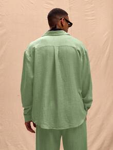Musero 男士宽松长袖亚麻衬衫套装上衣（仅限春夏度假复活节款） - 綠色 - 查看 3