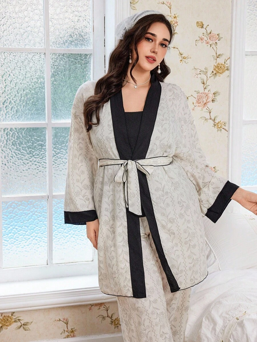 CottageSlumber Black Contrast Vintage Floral Printed Pajama Set, Plus Size Women Sleepwear Set, Fall Winter Clothes - Black - View 1