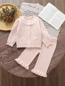 SHEIN Vintaside Kids 女婴休闲时尚可爱粉色针织长袖开衫和针织阔腿长裤两件套。柔软舒适,适合日常穿着和旅行。 - 淺粉色 - 查看 2
