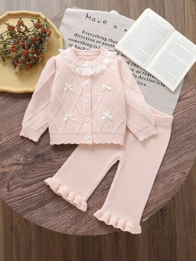 SHEIN Vintaside Kids Baby Girl Casual, Fashionable And Cute Pink Knitted Long-Sleeved Cardigan And Knitted Wide-Leg Long Pants Two-Pieces Set. Soft And Comfortable, Suitable For Daily Occasions, Traveling