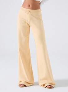 LYSMO Pantalones de punto de pierna ancha de unicolor versátil y casual para mujer - Amarillo - Ver 1