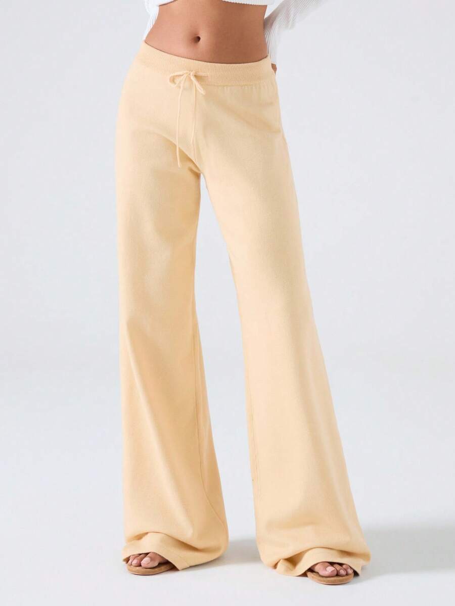 LYSMO Pantalones de punto de pierna ancha de unicolor versátil y casual para mujer - Amarillo - Ver 1