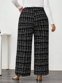 SHEIN CURVE+ 大码女式优雅格子印花弹力针织裤，适合各种场合，适合优雅的日常通勤、商务休闲/秋冬 - 彩色 - 查看 2