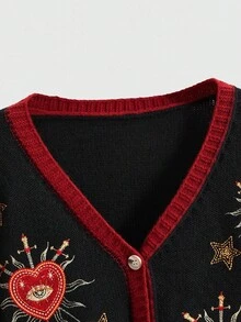 ROMWE Spring Graphic Black Gothic Mysterious Witch Style Sun, Moon, Star, Heart, Eye Embroidery Contrast Color Cardigan Sweater - Black - View 3
