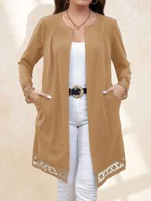 SHEIN Clasi Plus Size Solid Color Lace Patchwork Hollow Pocket Elegant Long Sleeve Jacket Winter Fall Autumn - Apricot - View 1