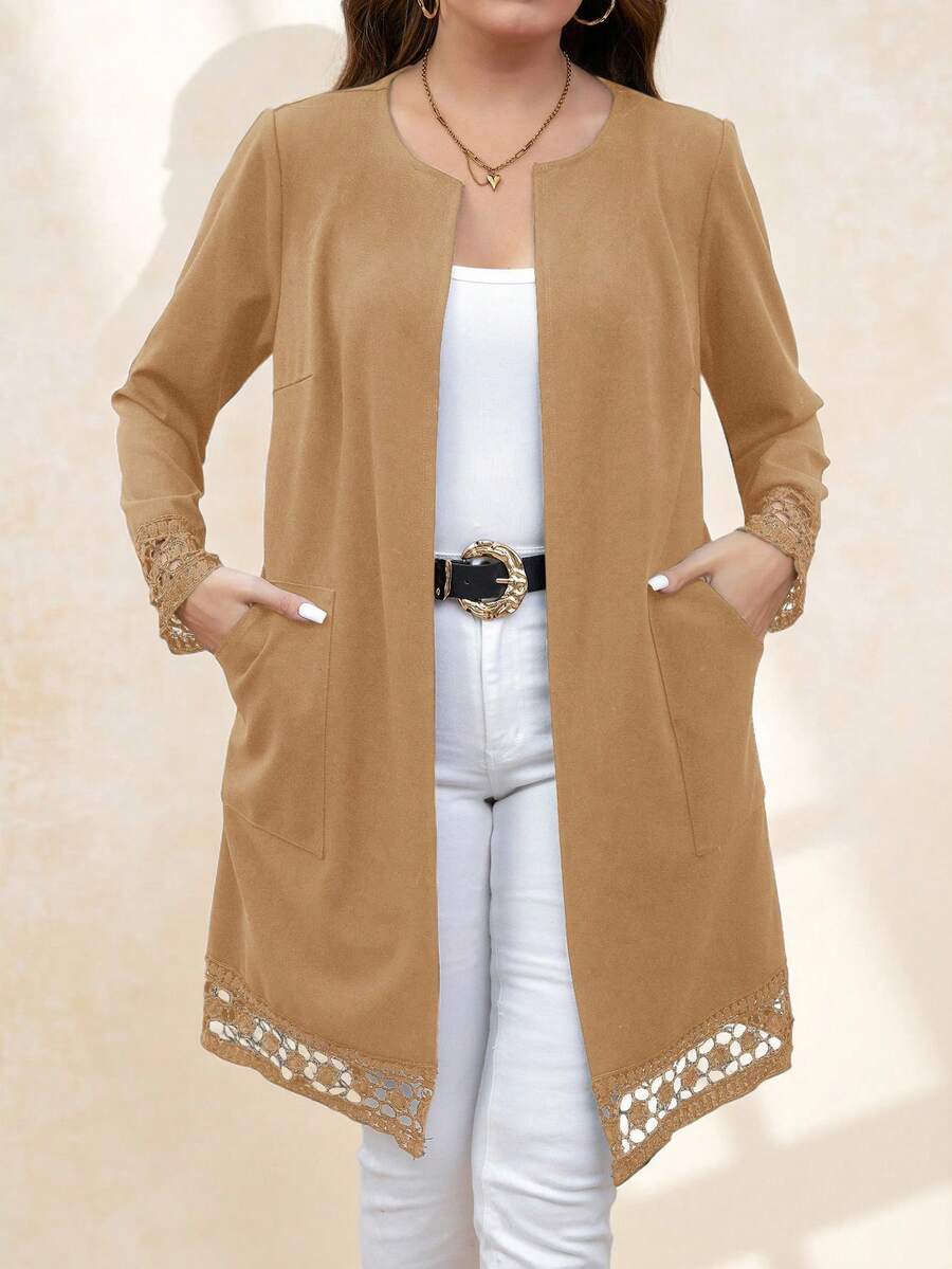 SHEIN Clasi Plus Size Solid Color Lace Patchwork Hollow Pocket Elegant Long Sleeve Jacket Winter Fall Autumn - Apricot - View 1