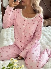 CottageSlumber 2pcs Bow & Lace Trim Decor Round Neck Top & Pants Pajama Set, Fall Clothes Women Pajama Set Pink Pajama Set Cherry Pajama Set Bow Pajama Set Vintage Pajama Set  Cozy And Elegant Details