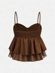 Girlism Áo hai dây xếp ly màu nâu ngọt ngào mùa hè dành cho thiếu nữ, áo crop top mùa hè, áo nơ màu nâu, áo dễ thương, áo babydoll, áo nâu, áo nữ, áo hai dây màu nâu - màu nâu - Xem 2