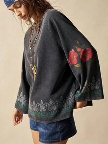 Bohemela Áo nỉ dệt kim cổ tròn màu trơn phong cách retro thường ngày dành cho nữ vào mùa thu/đông - màu đen - Xem 5