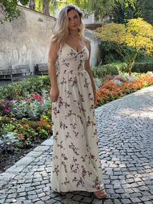 Jeta Ari Women's Ditsy Floral Ruffle Hem Sleeveless Dress, Suitable For Vacation - Apricot - View 2