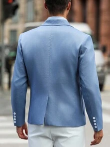 Manfinity Bizformal 男士商务休闲通勤西装外套，多口袋设计，单排扣夹克，男士纯色上衣，单排扣夹克，推荐送给男朋友、丈夫的礼物 浅蓝色西装男士 男士休闲西装男士浅蓝色运动外套男士夏季西装 婚礼西装男士浅蓝色西装男士灰蓝色西装男士运动外套男士运动夹克 男士灰蓝色西装 - 藍色 - 查看 2
