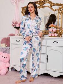 SweetSlumber 可爱动物印花女士睡衣套装，长袖衬衫和裤子，女士睡衣睡袍，女士睡裙，卡通睡衣，秋冬服装 - 白色 - 查看 5