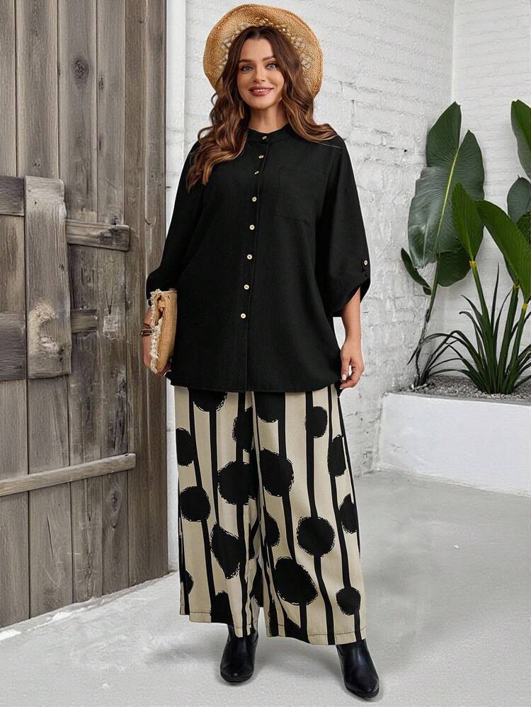 2 Pieces Set Plus Size Women's Black,Summer,Smart Casual,Vacation Vintage 3/4 Sleeve Long Shirt & Polka Dot Print Pants,Fall Casual Outfits