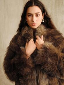 Anewsta Women's Autumn/Winter Short Faux Fox Fur Collar Zip-Up Casual Loose Faux Fur Jacket - Camel - View 1