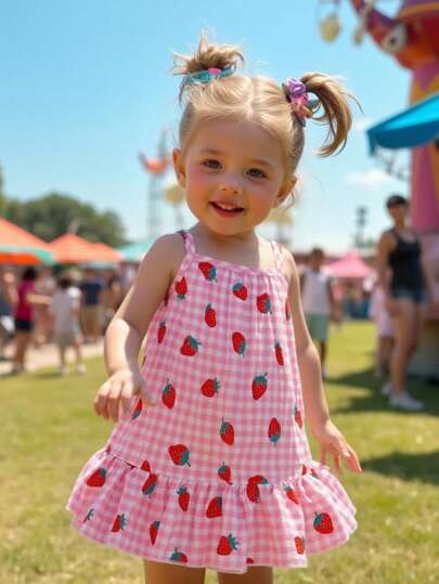 SHEIN 女宝宝韩版休闲可爱格子草莓图案无袖细肩带连衣裙，适合夏季外出度假