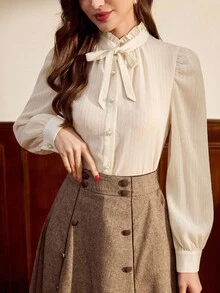 Vintamour 大码复古经典优雅女士衬衫，秋冬修身提花衬衫，前系蝴蝶结，长袖衬衫，杏色蝴蝶结衬衫，奶油色泡泡袖衬衫，荷叶边衬衫，优雅春季女式衬衫 - 杏色 - 查看 3